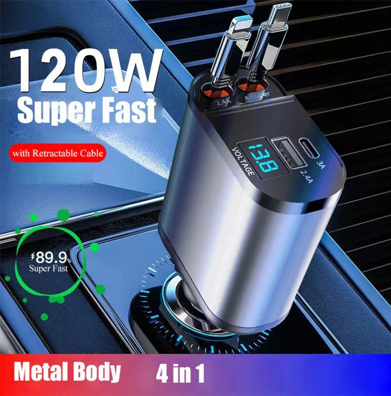 מטען רכב מהיר עם שני פורטים USB חכמים 4-in-1